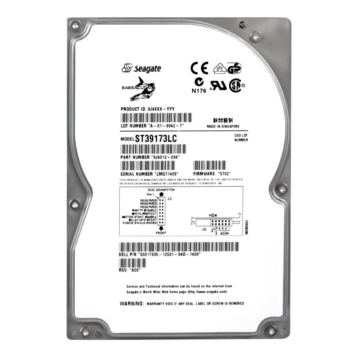 Dell 00017335 9.1GB 7.2K SCSI Ultra2 3.5 '' ST39173LC