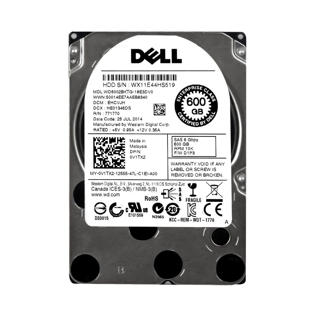 DELL 0V1TX2 600GB 10K 32MB SAS-2 2.5'' WD6002BKTG-18E3DV0