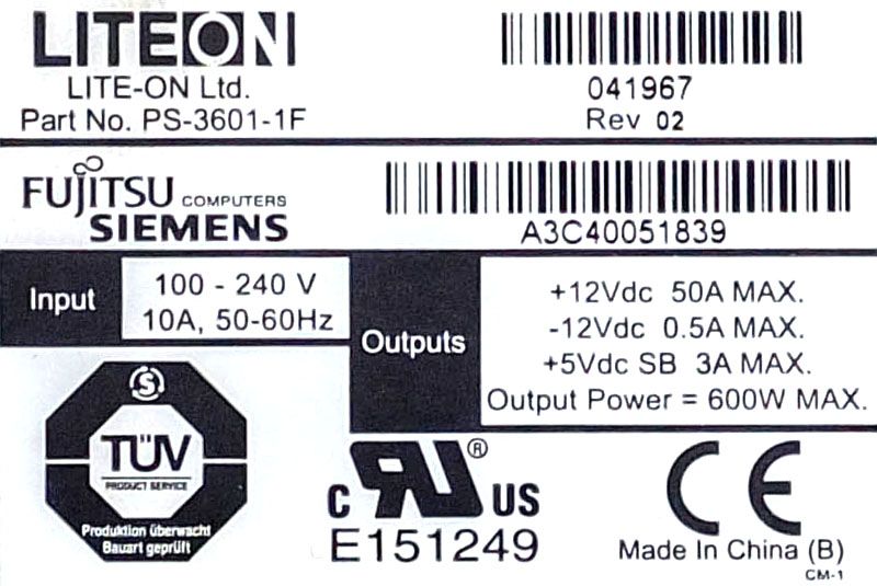 LITEON PS-3601-1F 600W FSC A3C40051839 FS PRIMERGY