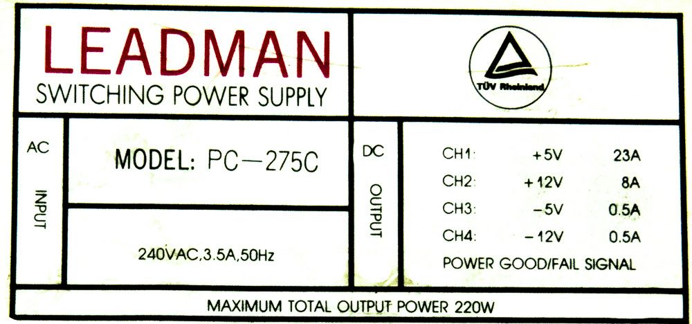 LEADMAN PC-275C 220W AT AUX MOLEX FDD