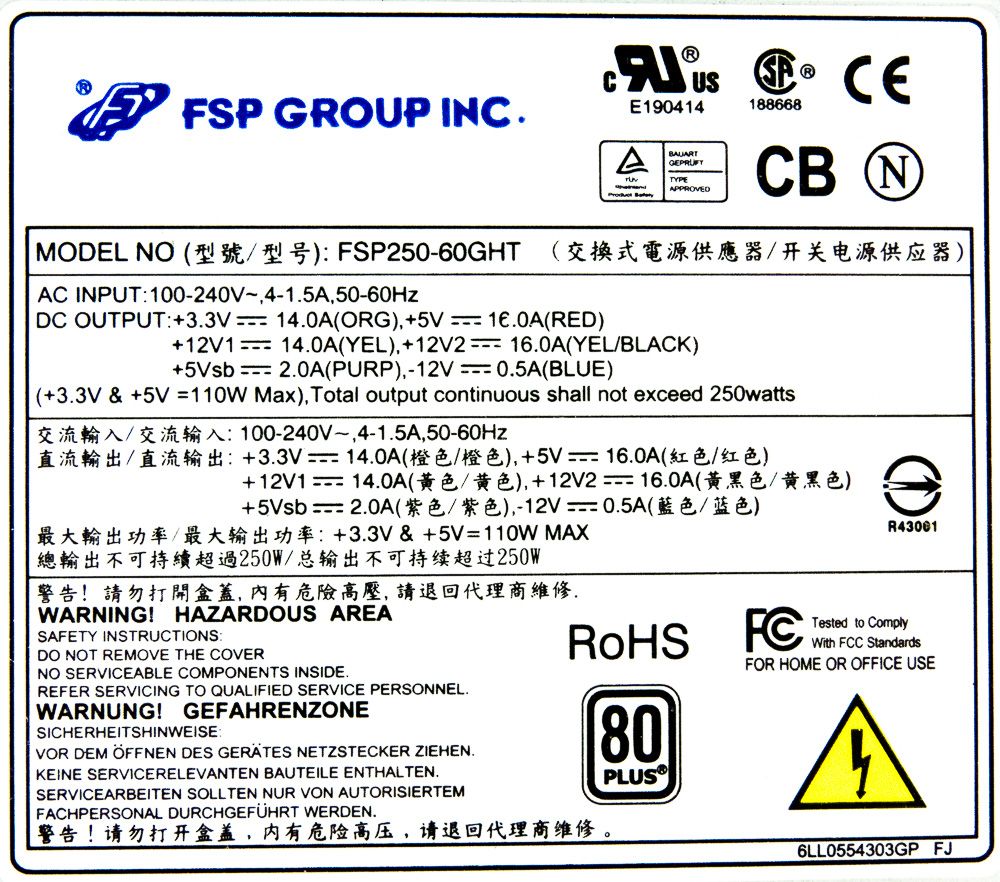 FSP FSP250-60GHT 250 W TFX 20+4 PIN MOLEX SATA FDD