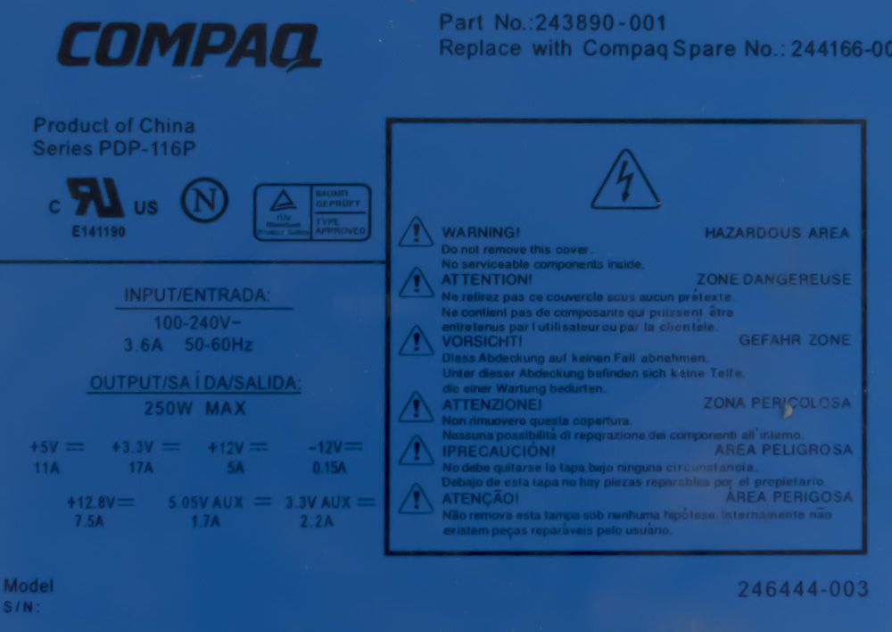 COMPAQ 243890-001 244166-001 250W XW4000