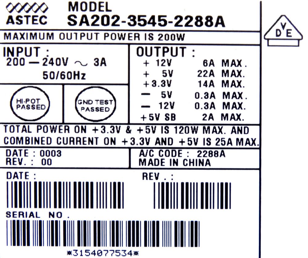 ASTEC SA202-3545-2288A 200W MOLEX FDD