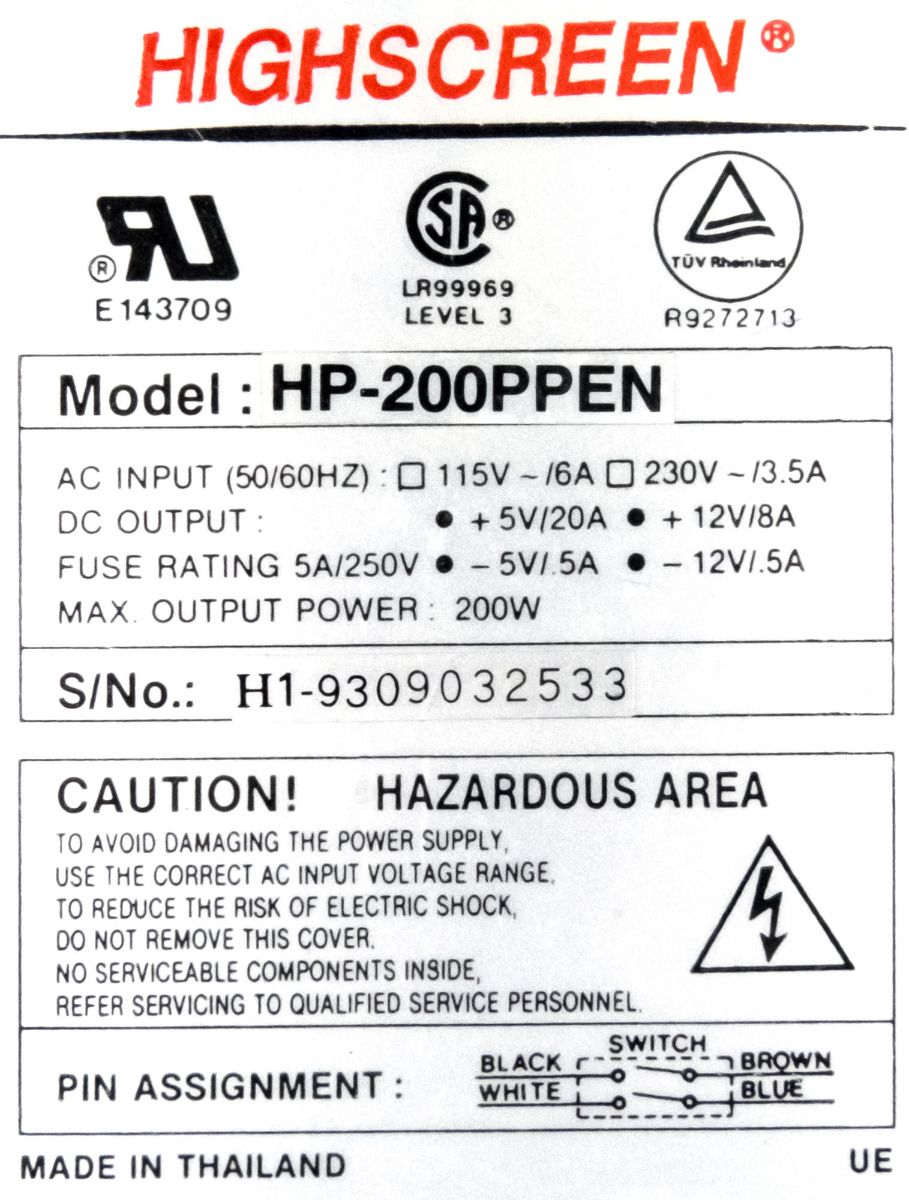 HIGHSCREEN HP-200 PPEN 200W AT AUX MOLEX FDD