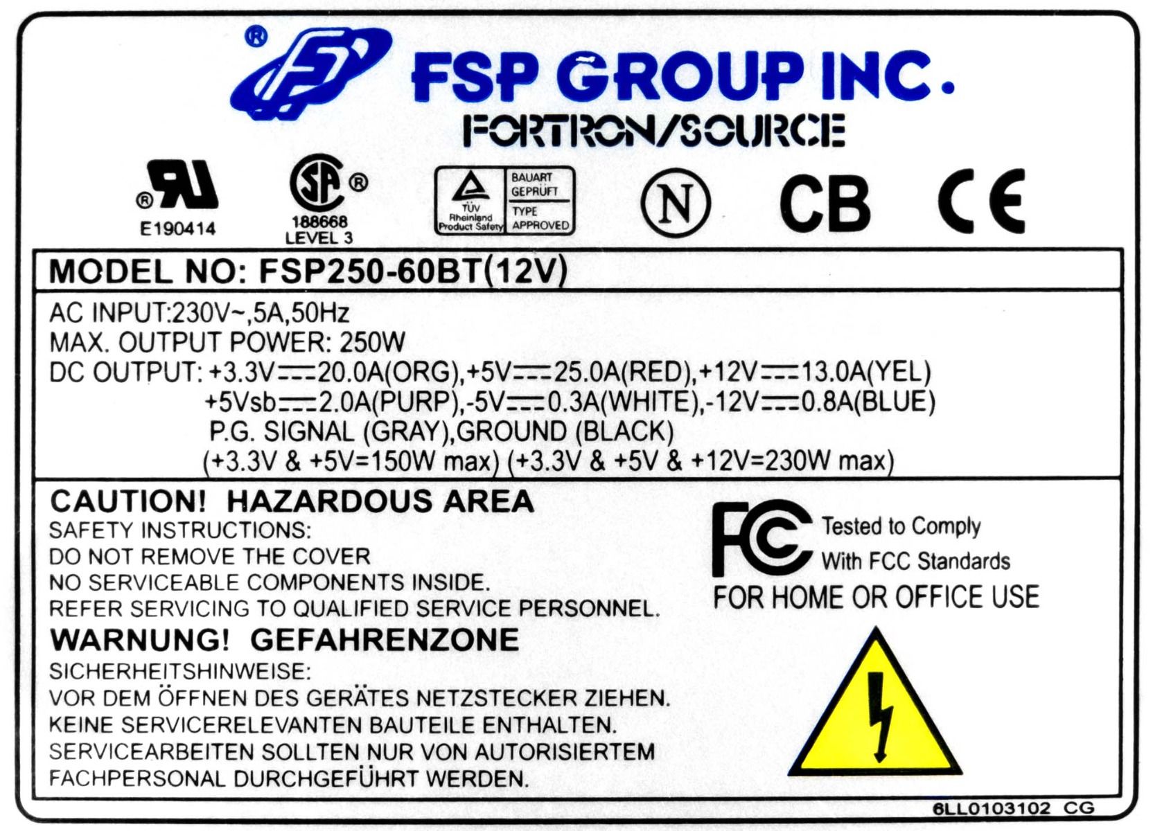 FSP FSP250-60BT(12V) 250W PSU ATX 20PIN