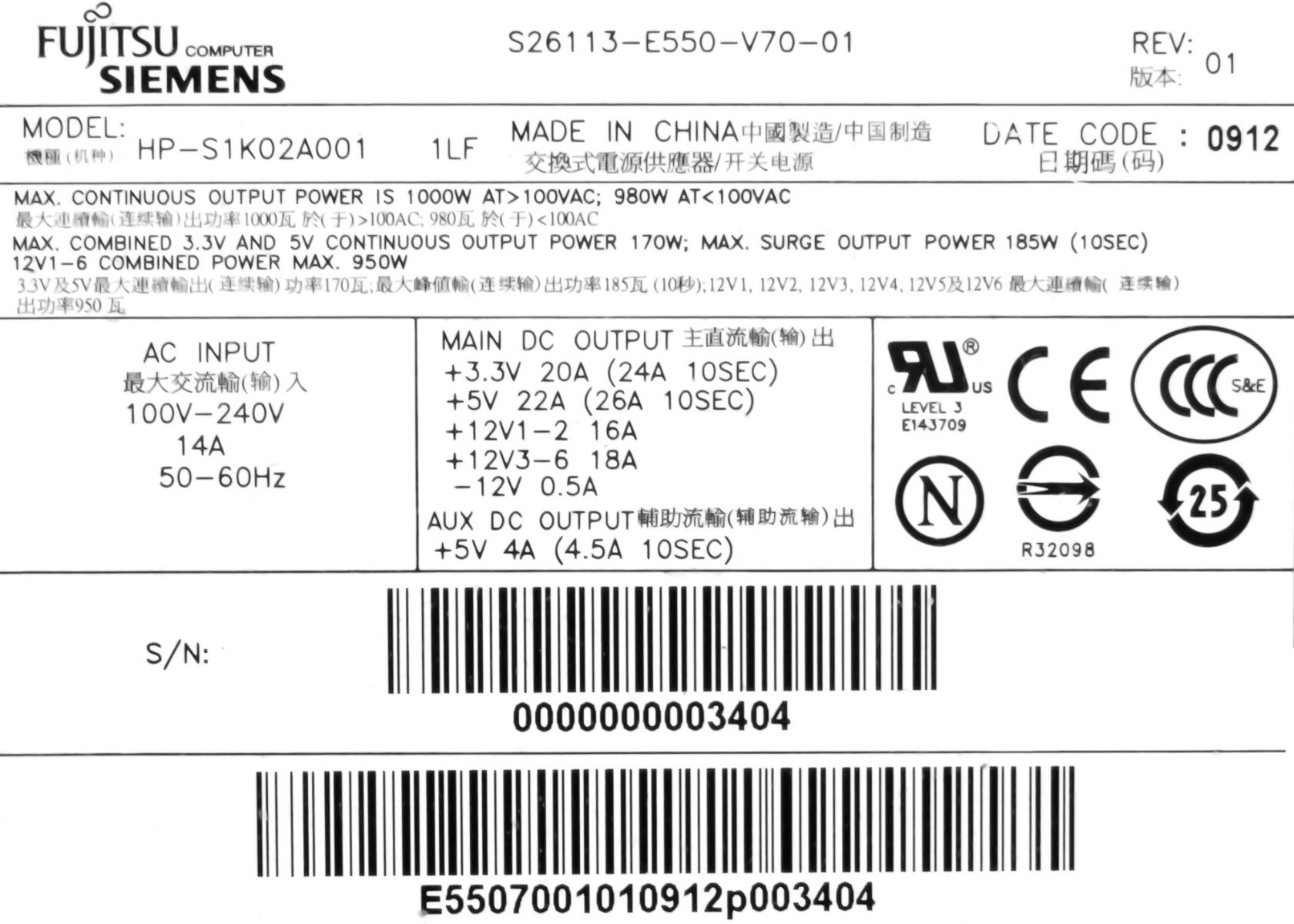 FUJITSU S26113-E550-V70-01 1000W HP-S1K02A001 CELSIUS R670