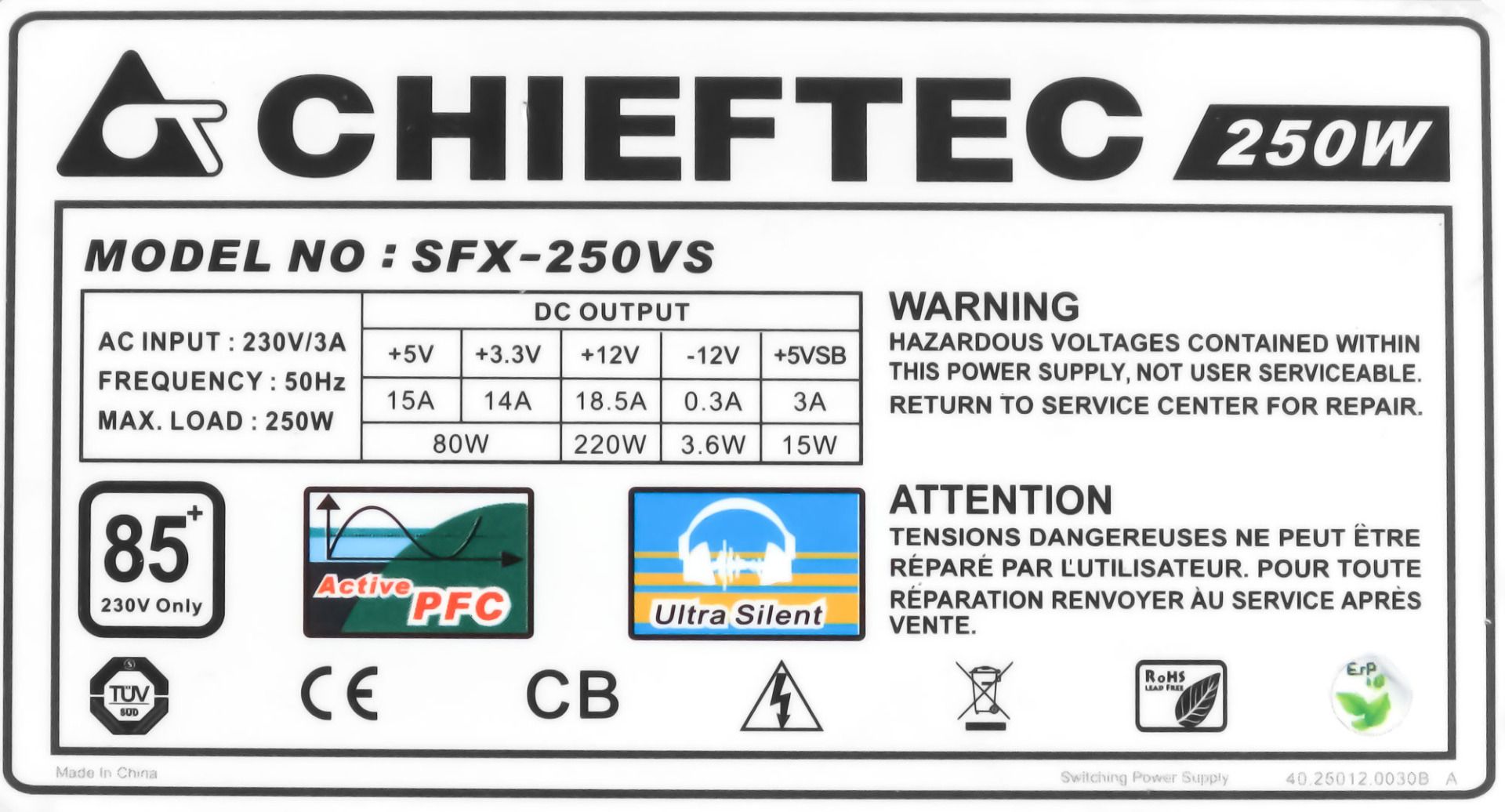 CHIEFTEC SFX-250VS 250W SFX 20+4-PIN