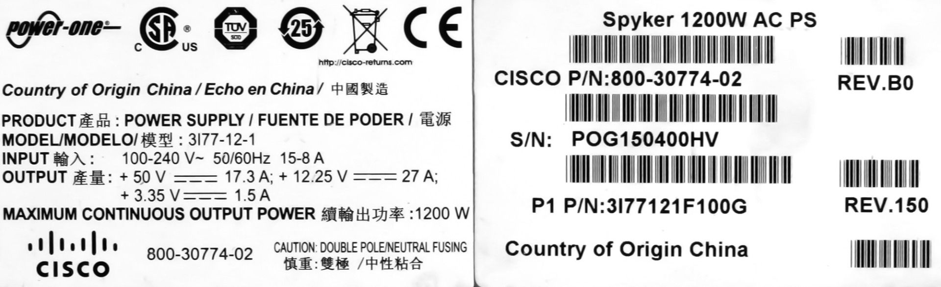 CISCO 800-30774-02 1200W 3I77-12-1