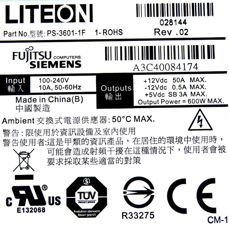 LITEON PS-3601-1F 600W FSC A3C40084174 PRIMERGY RX300 S3