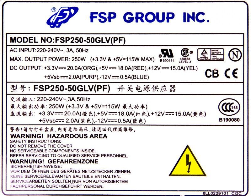 GRUPPO FSP FSP250-50GLV(PF) ALIMENTATORE 250W 20 PIN ATX