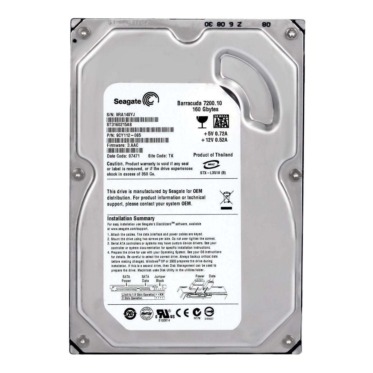 SEAGATE BARRACUDA 7200.10 160GB 7.2k 2MB SATA II 3.5'' ST3160215AS