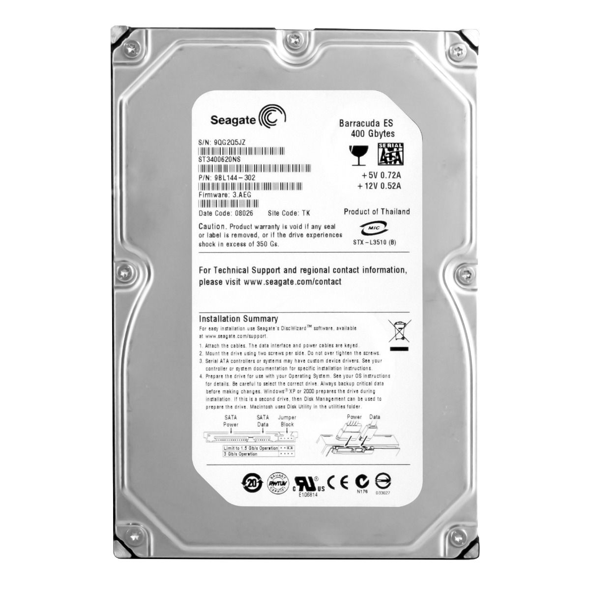 SEAGATE BARRACUDA 400GB 7.2K 16MB SATA II 3.5" ST3400620NS 