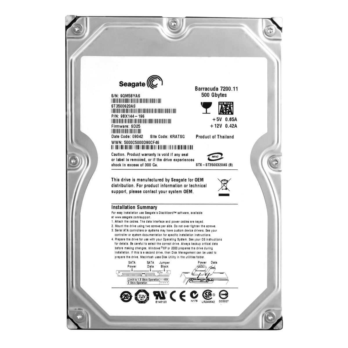 SEAGATE barracuda 7200.11 500GB 7.2K 16MB Sata II 3.5'' ST3500620AS