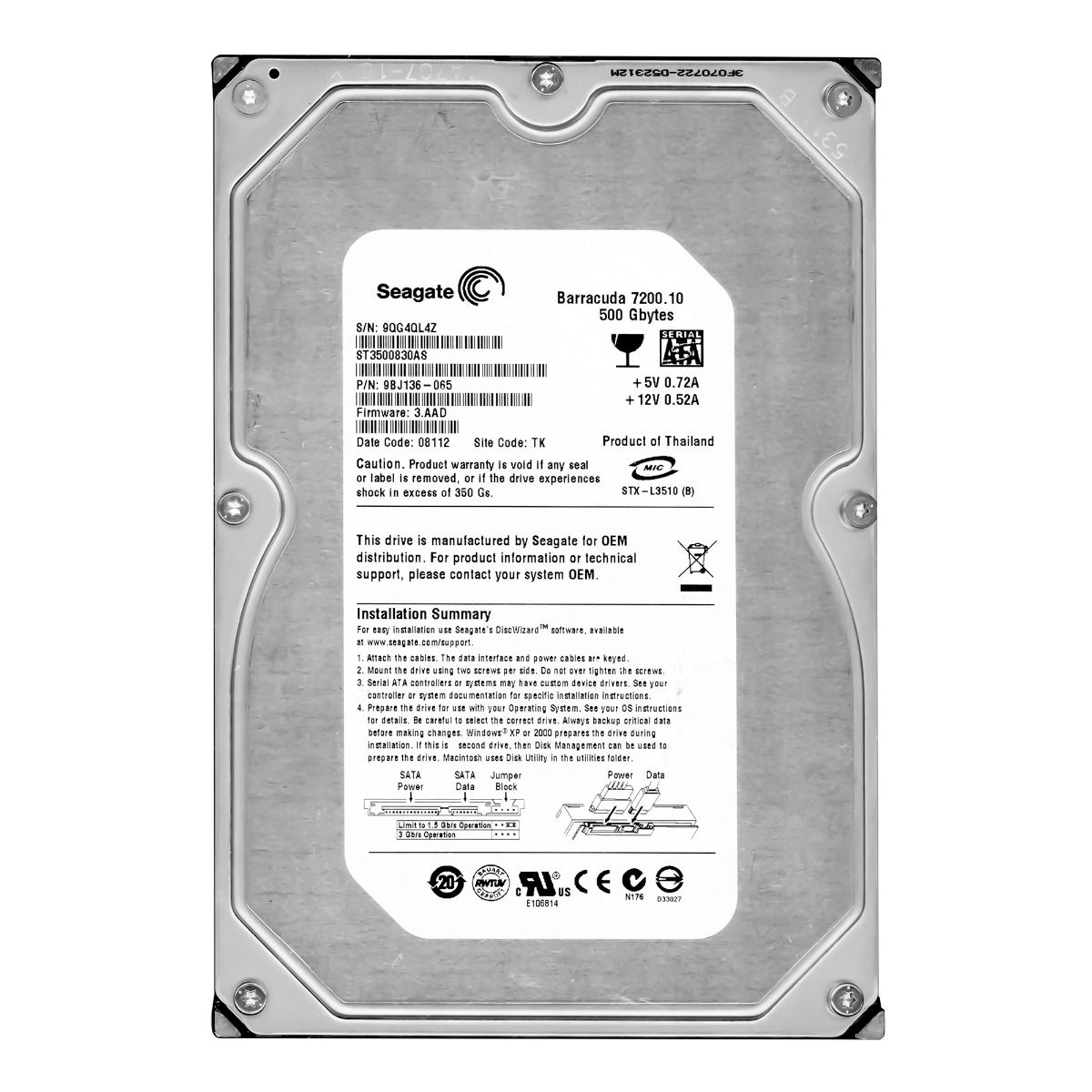 SEAGATE BARRACUDA 500GB 7.2K 8MB SATA II 3.5'' ST3500830AS