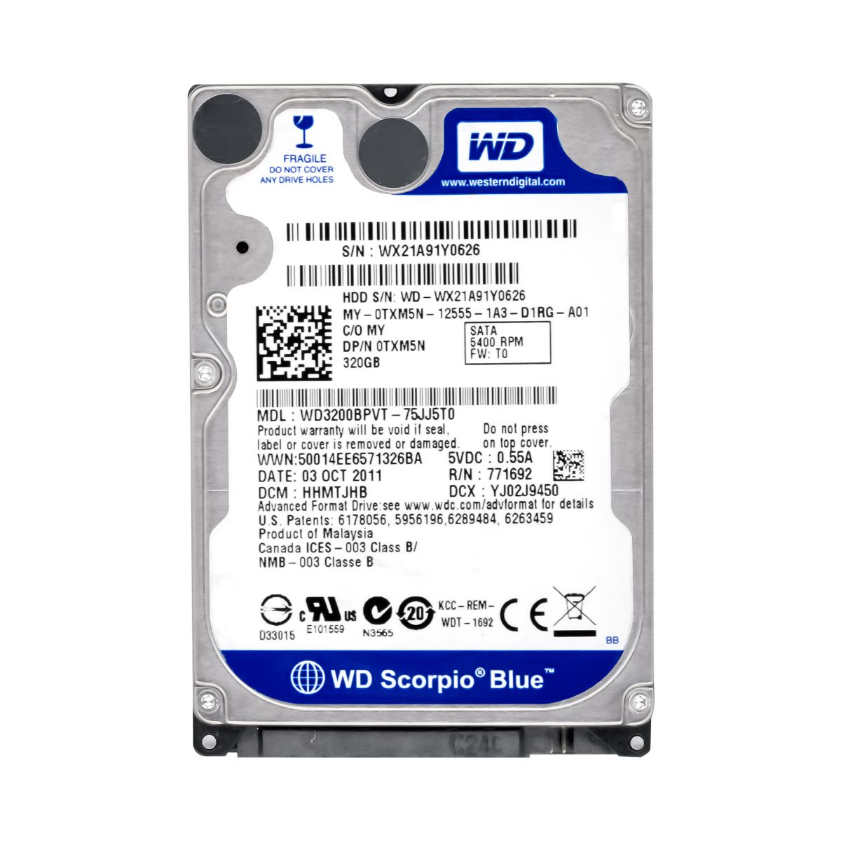 DELL 0TXM5N 320 Go 5.4k 8 Mo SATA II 2.5'' WD3200BPVT